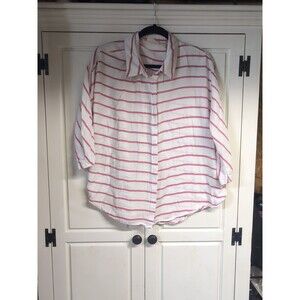 Chicos Size 3  Womens Button Down White Cotton Top W Red Stripes.